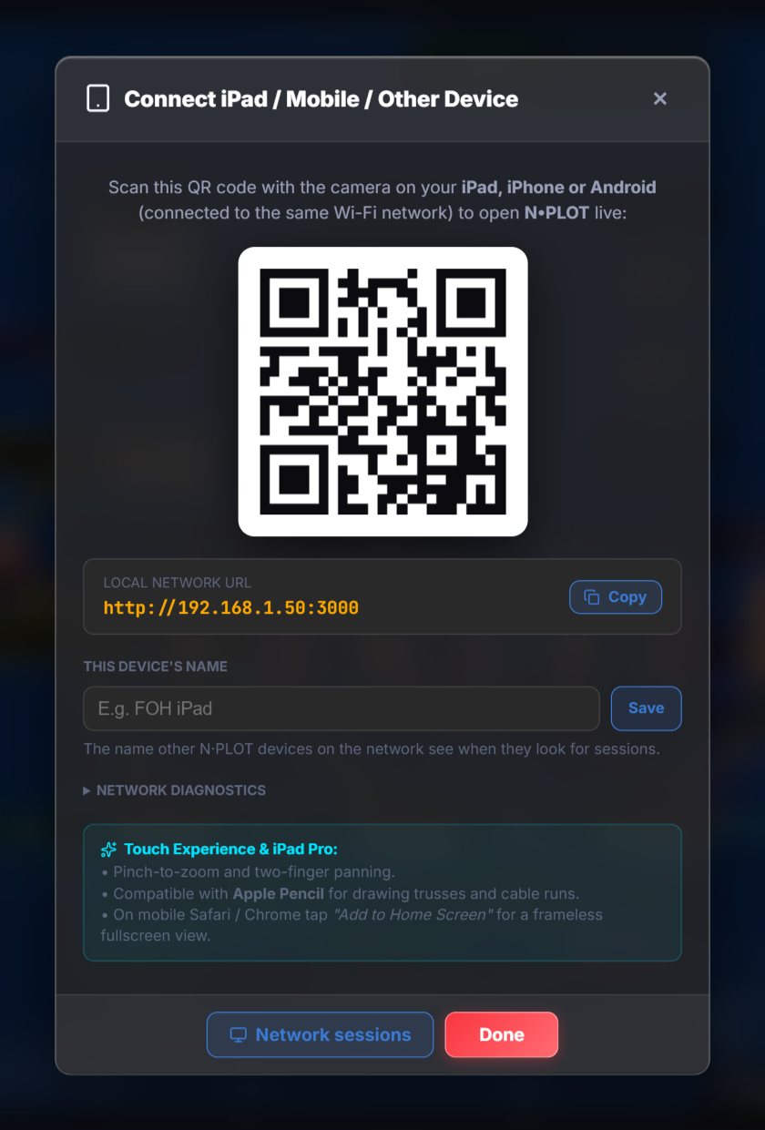 Window to connect an iPad or phone to N·PLOT with a QR code and the local network address