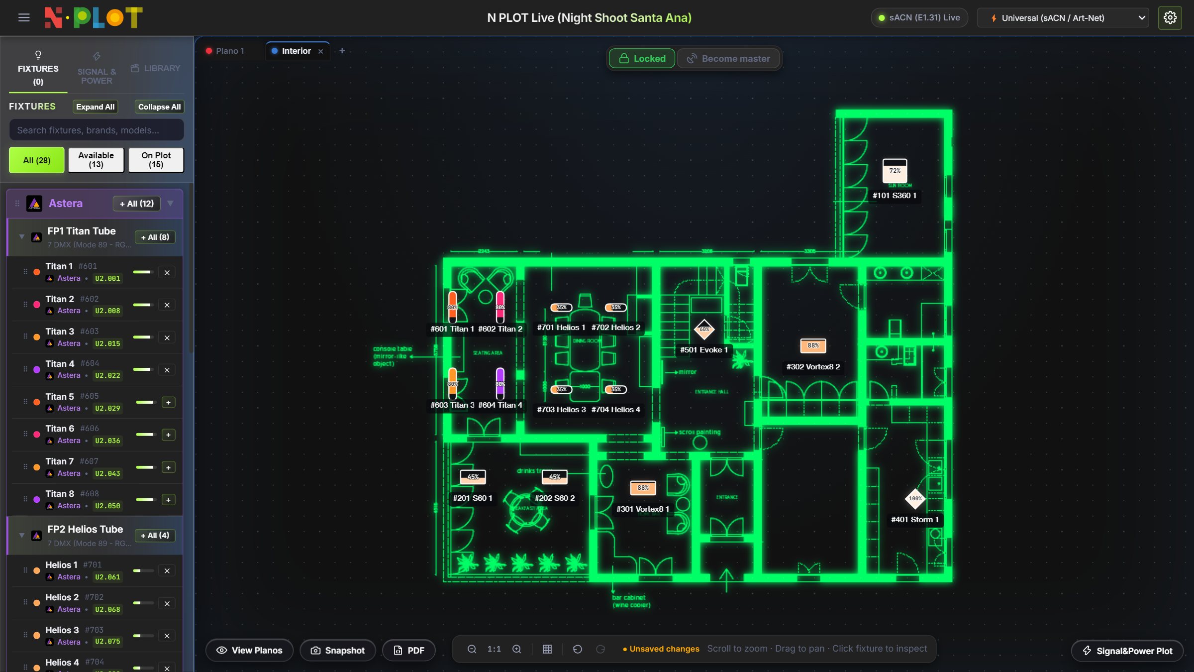Floor plan converted to green neon in N·PLOT, with Astera, SkyPanel and Vortex fixtures in the rooms