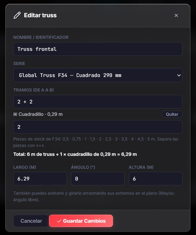 Ventana Editar truss con sus tramos